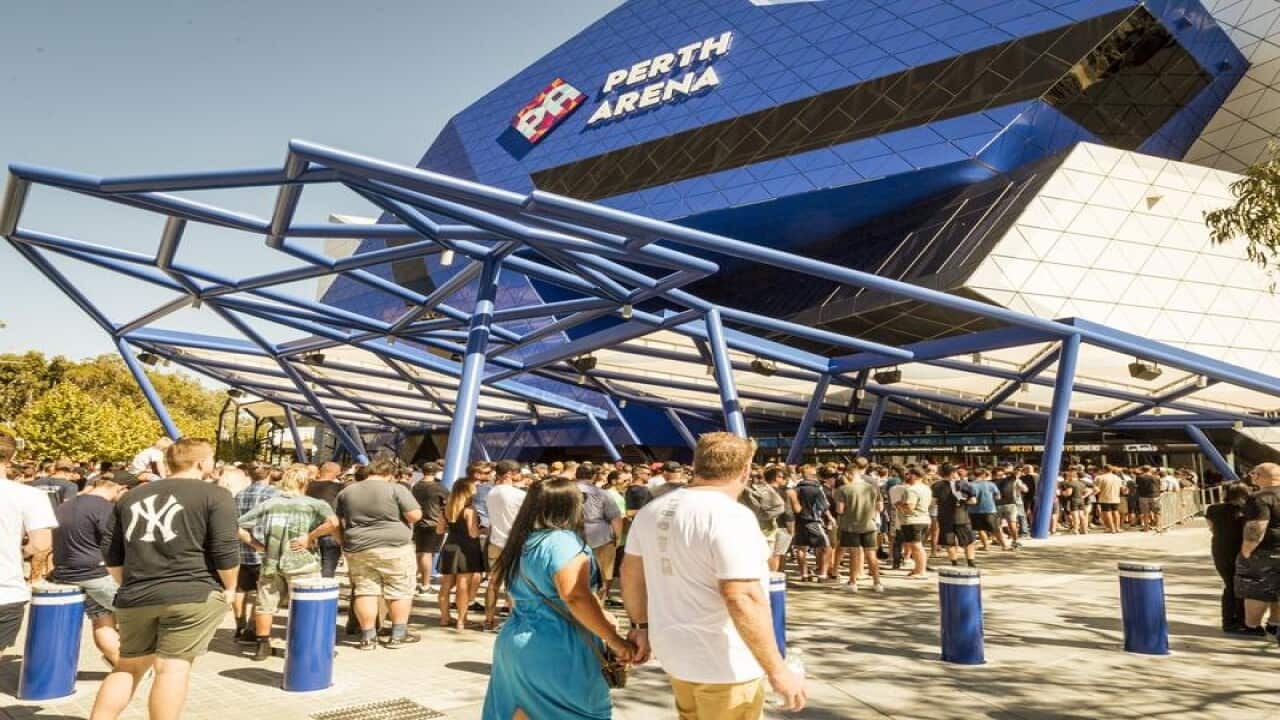 Crowds outside the new Perth Arena.