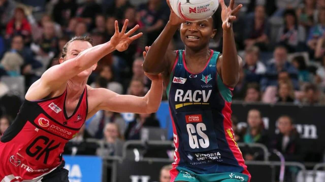 Mwai Kumwenda of the Vixens in action with the ball.