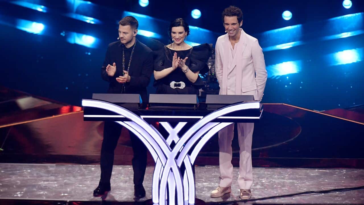 TURIN, ITALY - MAY 12: Alessandro Cattelan, Laura Pausini and Mika are seen on stage during the second semi-final of the 66th Eurovision Song Contest
