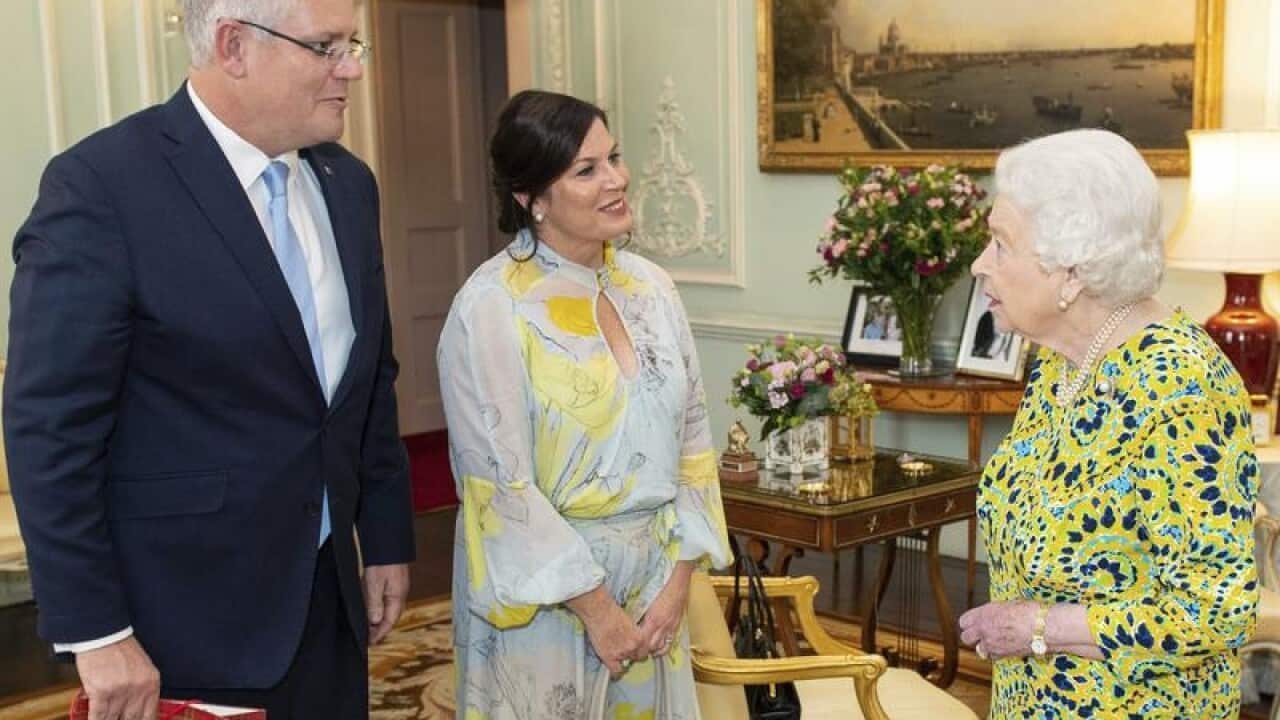 Prime Minister Scott Morrison, his wife Jenny and the Queen.