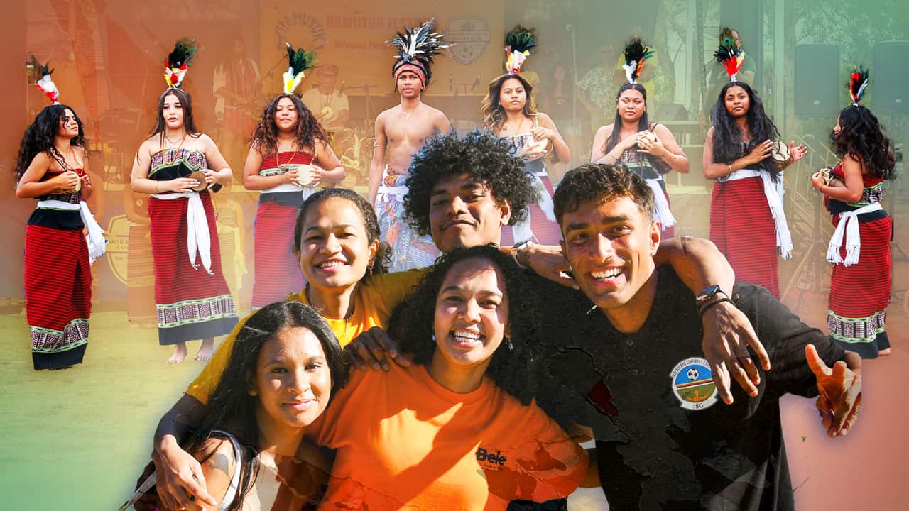 A composite photo of some young people wearing tradtional Tais cloth performing a traditional Timorese dance in the background, and a group of young people at a festival in the foreground.