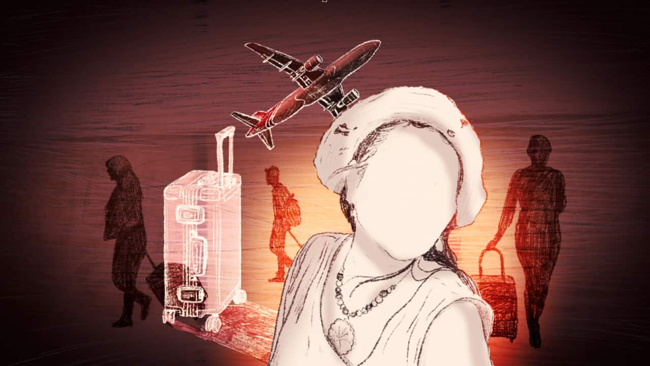 An illustration with a dark, reddish-brown tone features a woman with an intentionally blank face in the foreground, wearing a sunhat and a pendant necklace, standing next to a translucent rolling suitcase. In the background are shadowy figures of travellers and an aeroplane flying overhead.