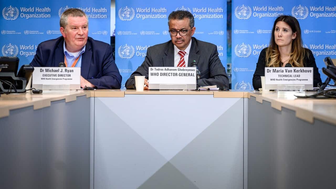 Doctors Mike Ryan, Tedros Ghebreyesus and Maria van Kerkhove