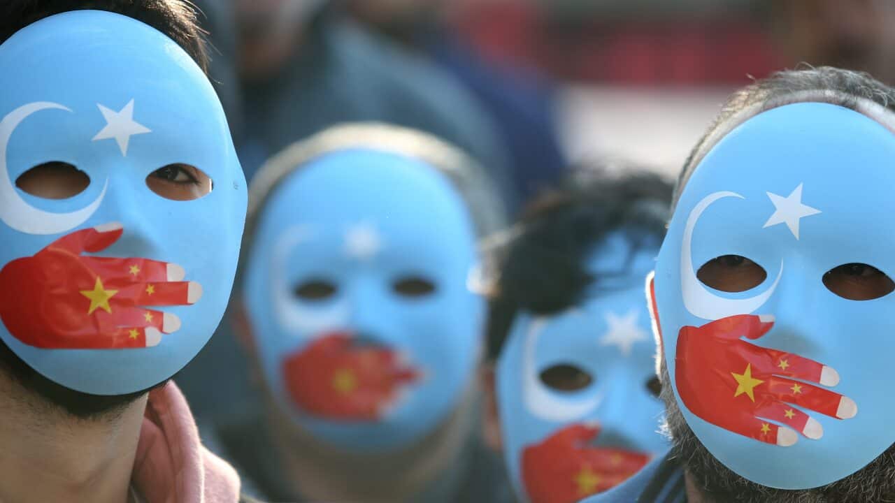 Demonstrators protest against China in Istanbul, Turkey, in an effort to highlight the critical situation of alleged human rights abuses of the Uyghur people.