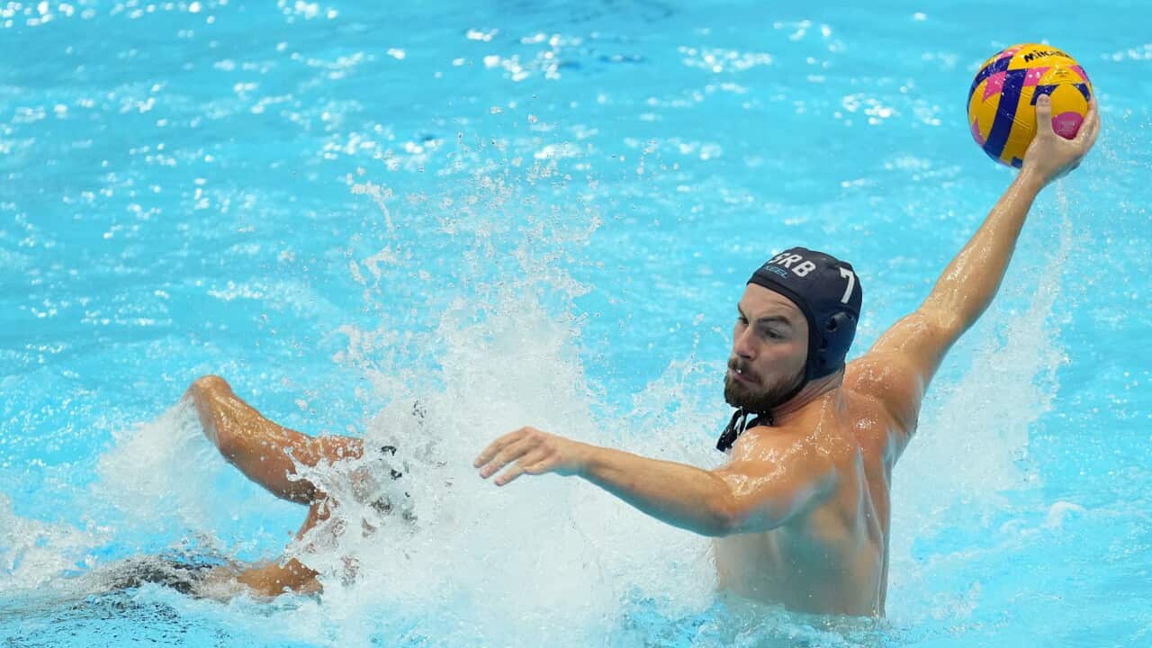 Radomir Drasovic of Serbia in action at the Men's Water Polo Round of 16 match between Japan and Serbia during the World Aquatics Championships 2023 in Fukuoka
