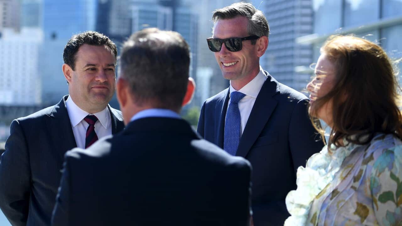 NSW Premier Dominic Perrottet, Tourism Minister Stuart Ayres and Tourism and Transport Forum Chief Executive Margy Osmond outline the new tourism package. 