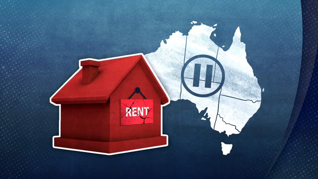 A digital graphic featuring a house with a sign that reads “rent“ and a map of Australia with a pause sign in the middle.