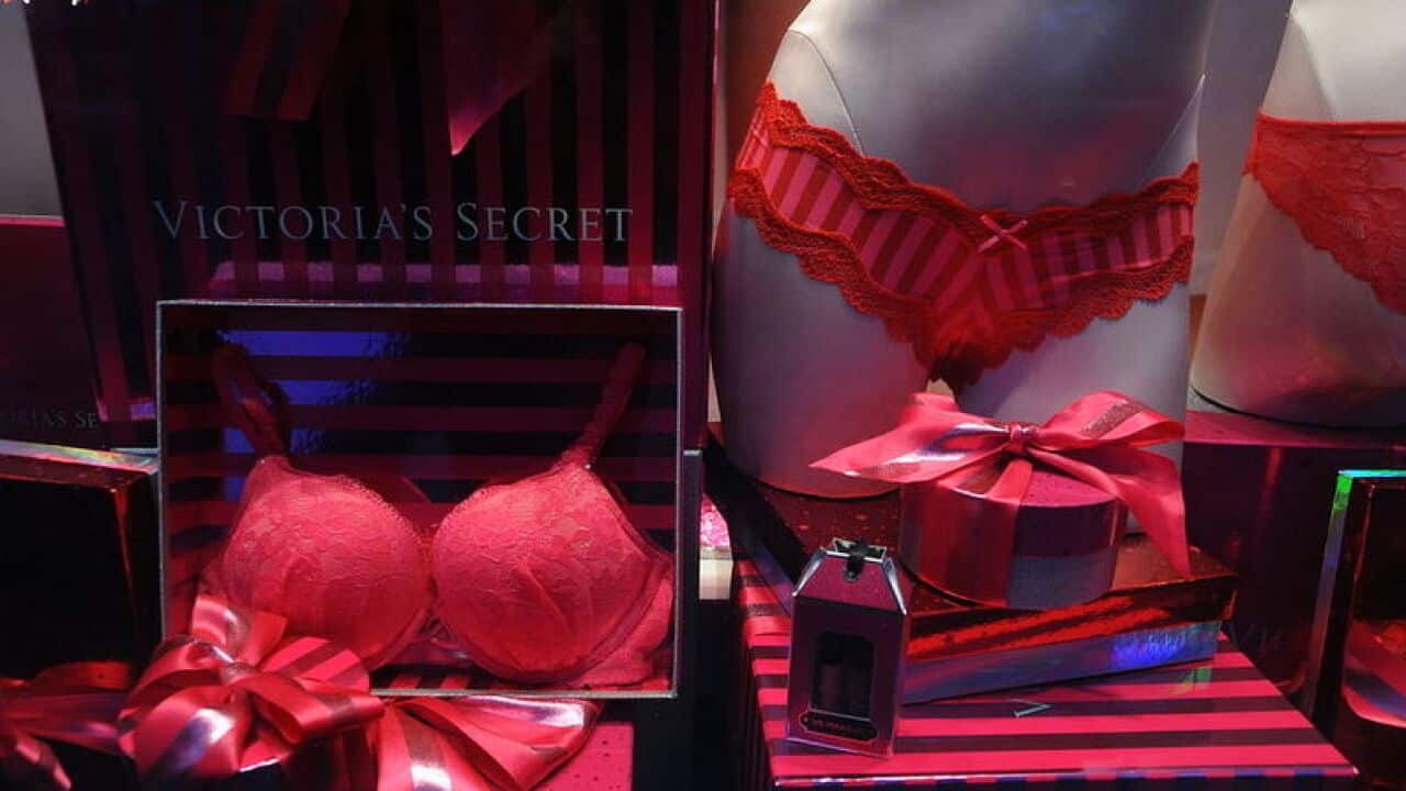 Red lingerie from Victoria's Secret in University Village, a shopping center in Seattle, Washington,