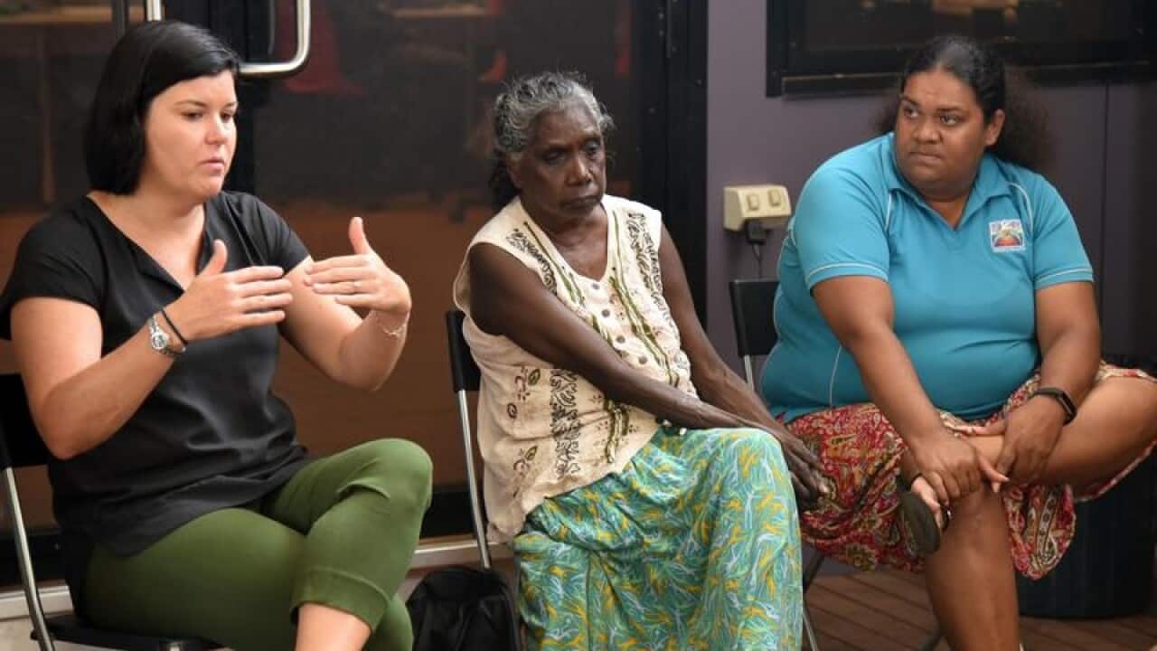 NT Health Minister Natasha Fyles (L) at a Nhulunbuy community meeting