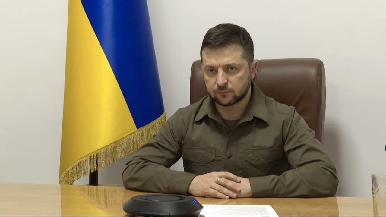 Ukrainian President Volodymyr Zelenskyy in Kyiv addresses the participants of the Group of Seven (G7) Leaders meeting in Brussels, Belgium.