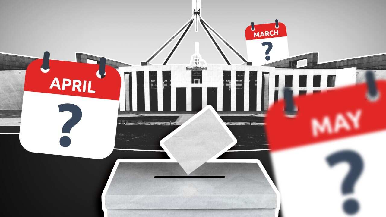 A graphic depicting a ballot sliding into a voting box in front of a building, with three calendar pages labelled 'March,' 'April,' and 'May,' each featuring a question mark.