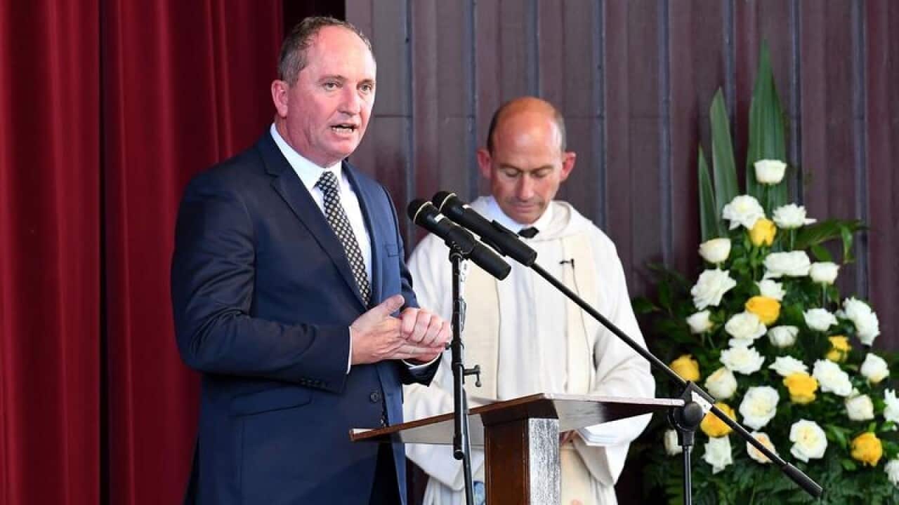 Barnaby Joyce speaks at the funeral for Lady Florence Bjelke-Petersen
