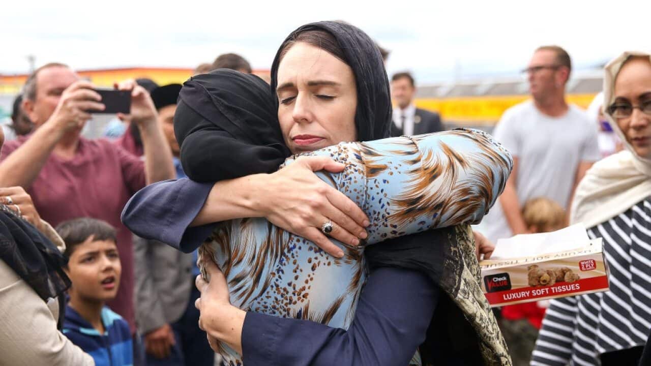 Jacinda Ardern hugs a mosque-goer at the Kilbirnie Mosque.