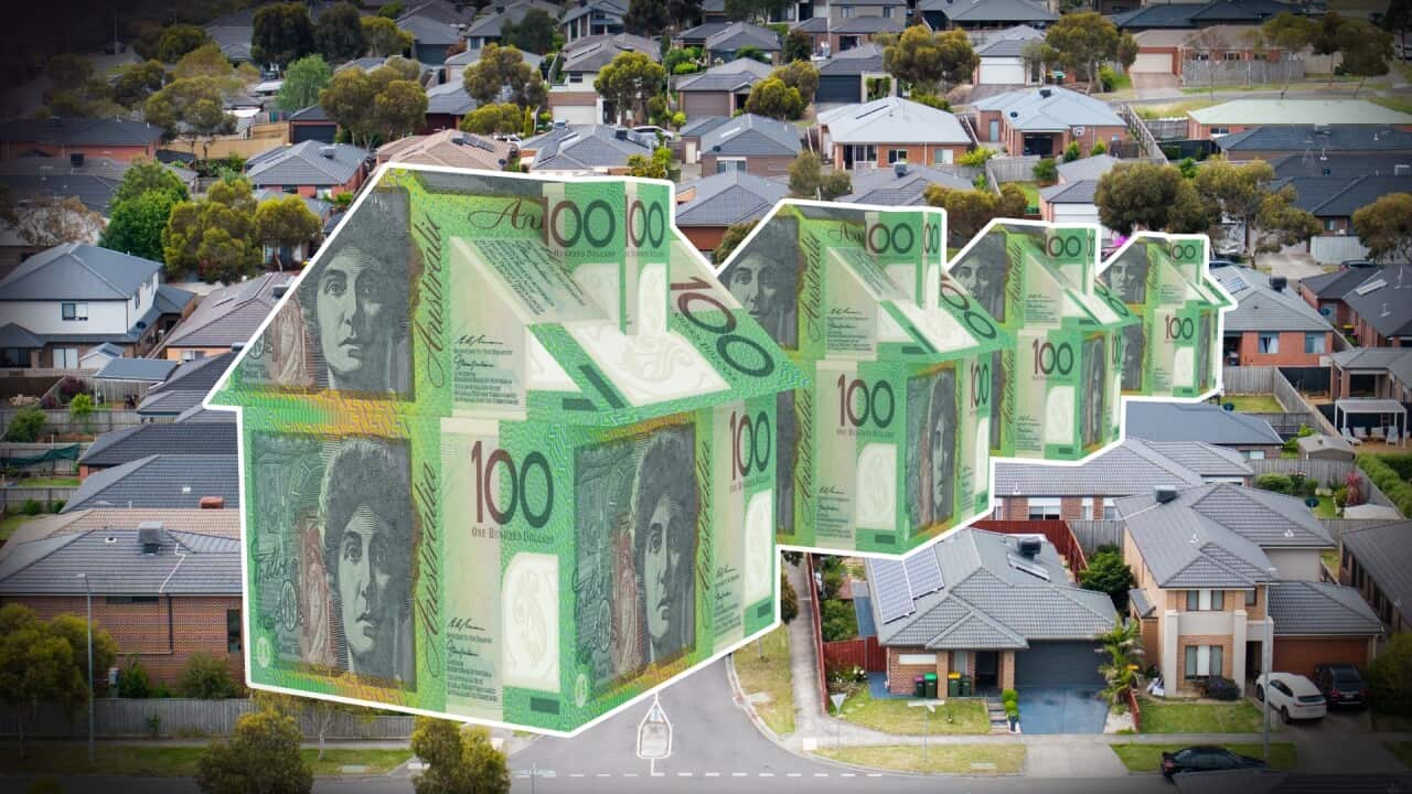 An aerial photo of a suburban residential Australian neighbourhood in the background, a line of houses made out of Australian bank notes in the foreground