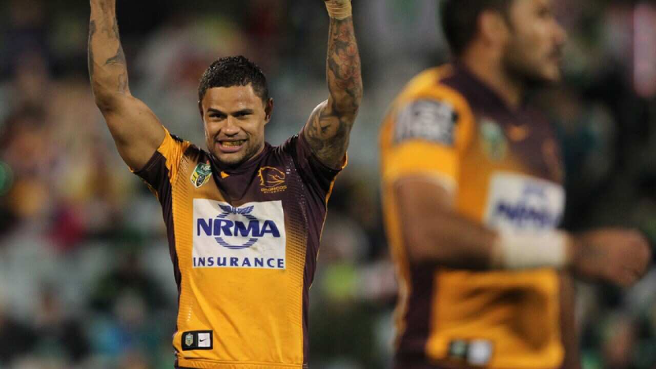 Broncos Josh Hoffman celebrates at fulltime against the Raiders