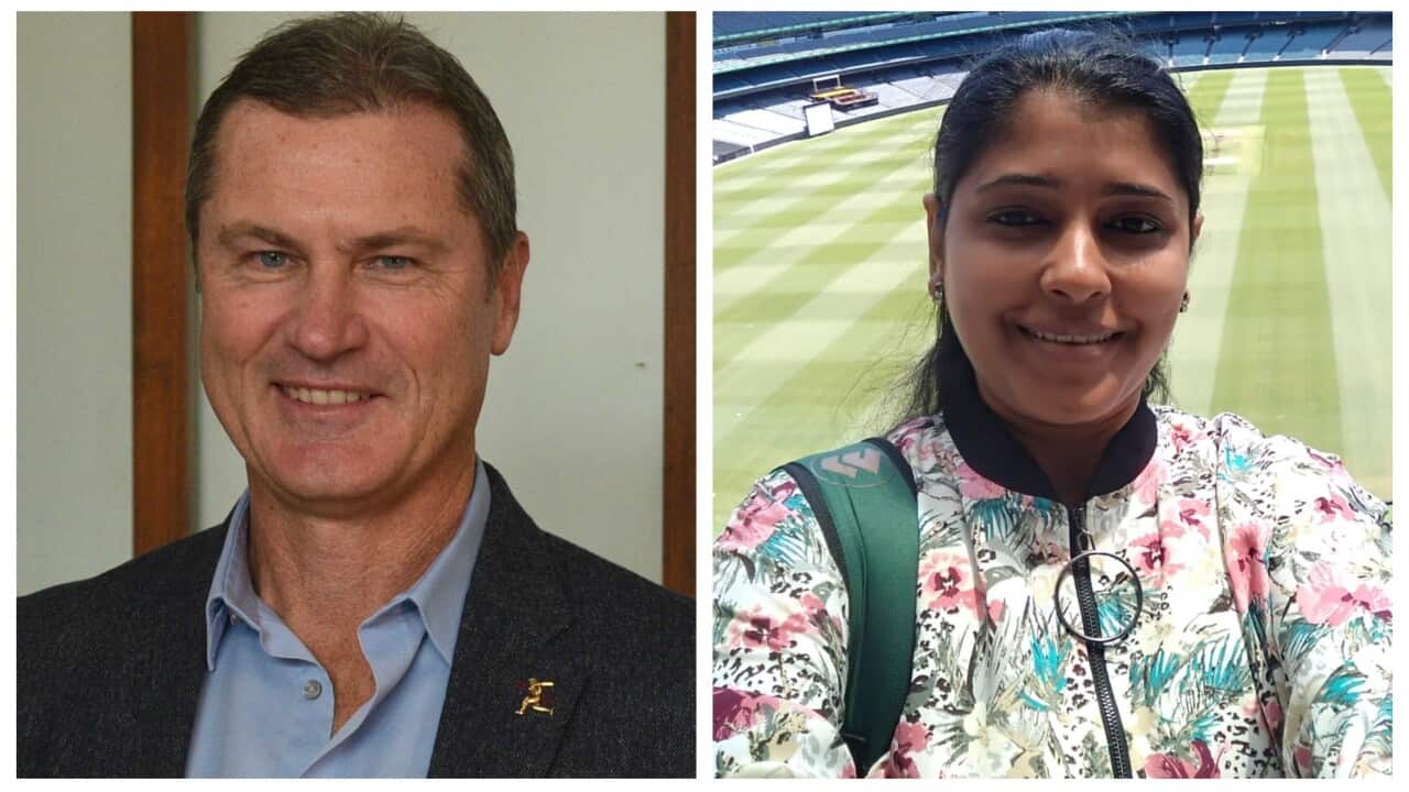 Australian cricket umpire Simon Taufel (L) and Indian sports journalist Harini Rana (R) share their views about India - Australia ties through sports.