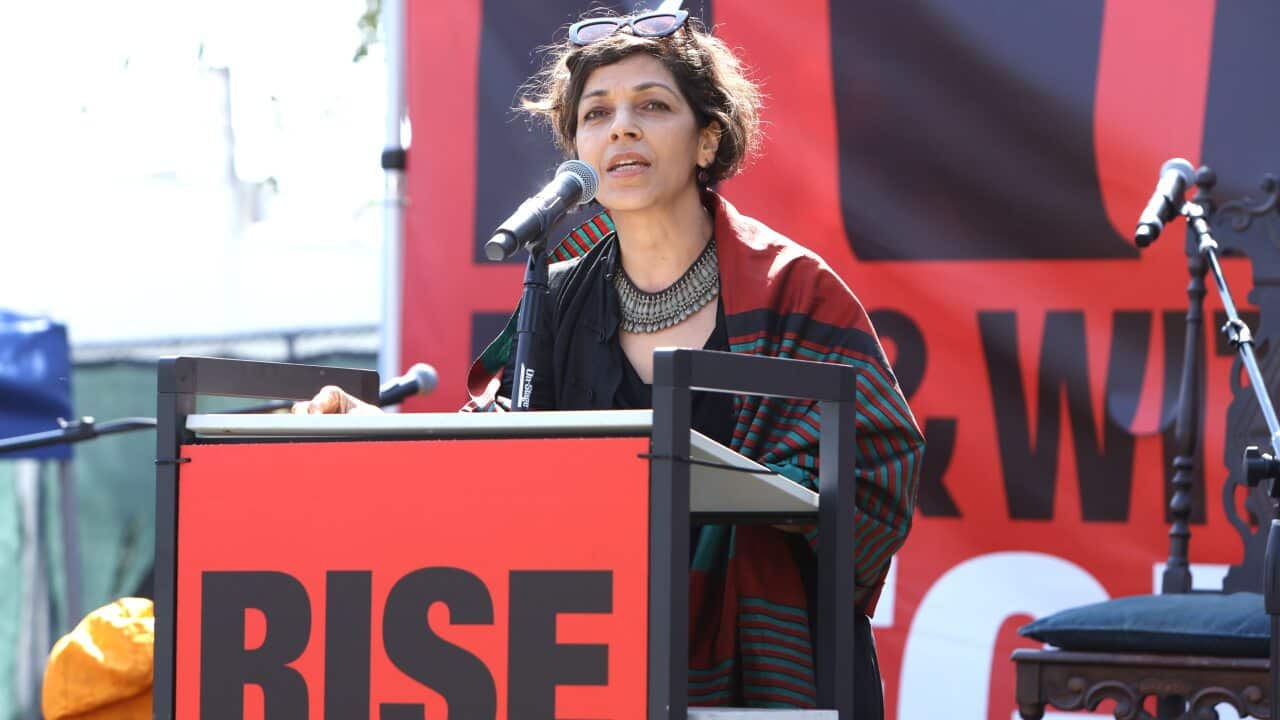 Rina Amiri speaks onstage during Rise For And With The Women Of Afghanistan: Los Angeles on September 25, 2021 in West Hollywood, California.