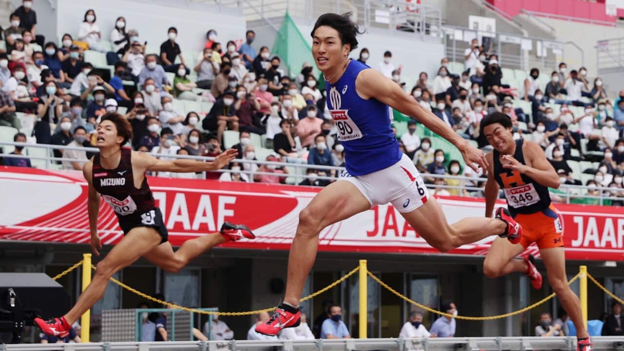 Shunsuke Izumiya (C, 190) competes during the men's 110-meter hurdle final of the JAAF Athletics Championships at Yanmar Stadium Nagai in Osaka Prefecture on June 27, 2021. 21-year-old Izumiya set a Japanese record to grab the spot for the Tokyo Olympic G