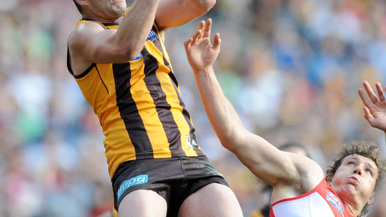 Brian Lake of Hawthorn takes a mark