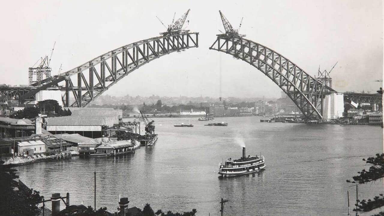 Sydney Harbour Bridge under construction, 1930 (credit National Museum of Australia-Archive)