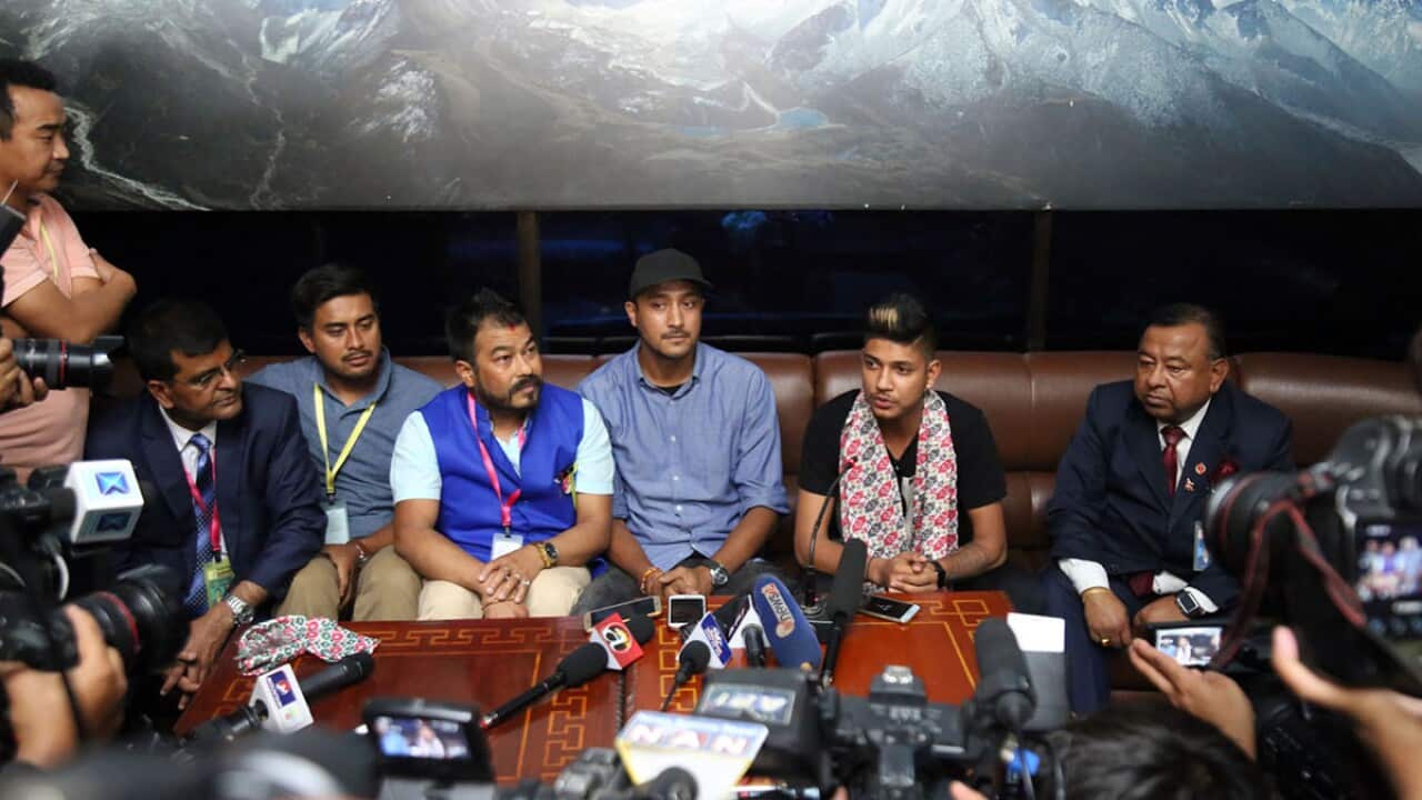 Nepali cricketer Sandeep Lamichhane speaking to journalists at Kathmandu airport after returning from his IPL debut in India.