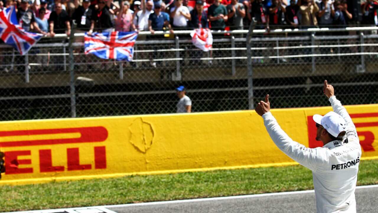Lewis Hamilton (GBR) Mercedes AMG F1 celebrates his pole position