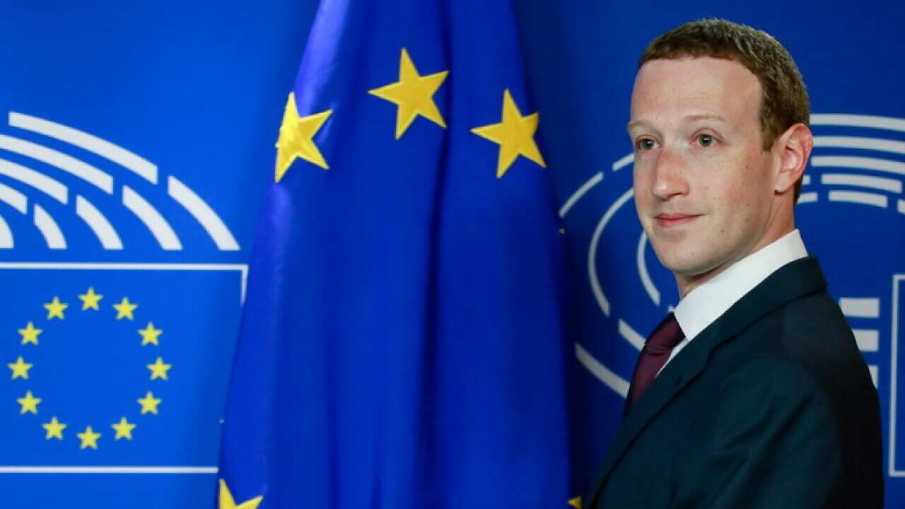 The founder and CEO of Facebook Mark Zuckerberg is welcomed by EP President Antonio Tajani (not pictured) at the European Parliament.