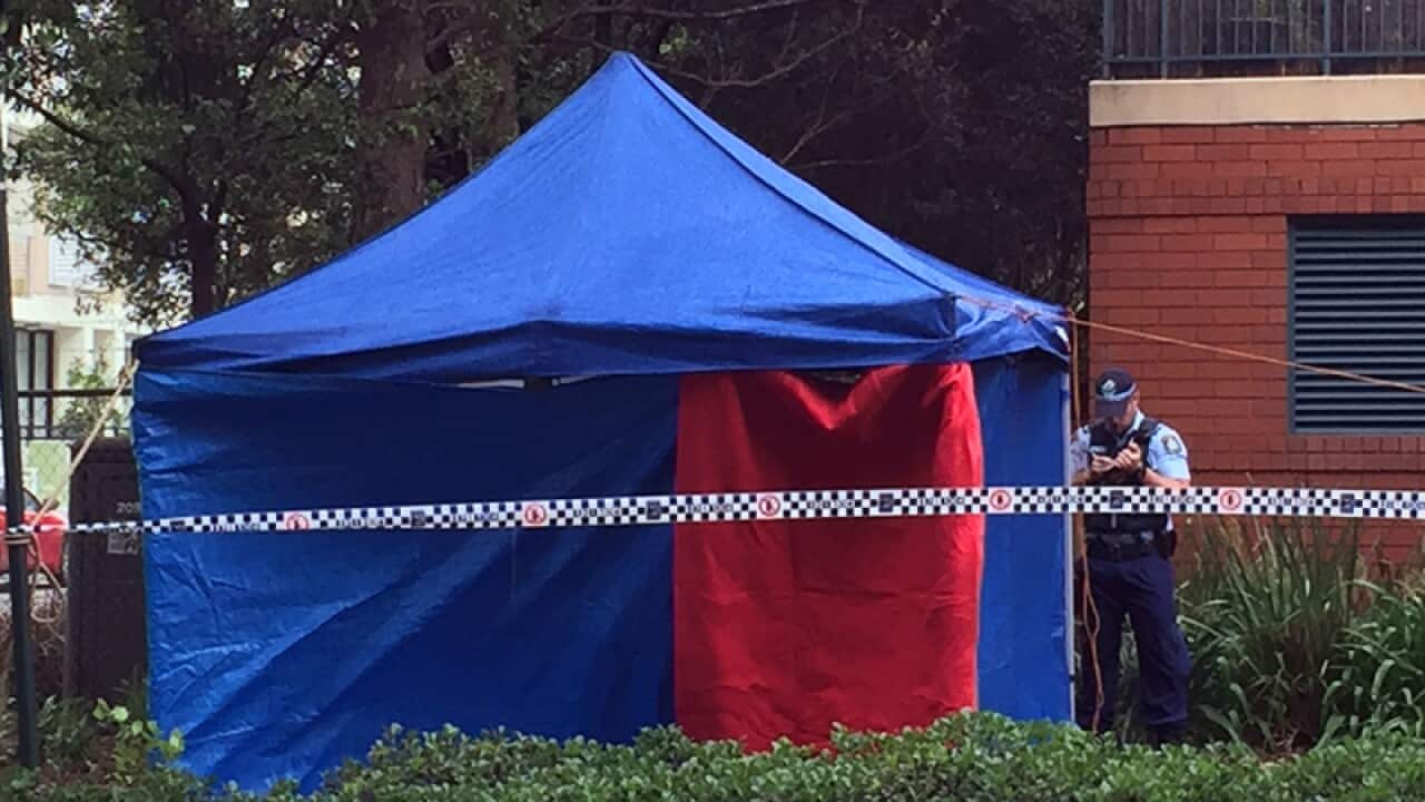 Police at the scene where a body was discovered inside a clothing bin