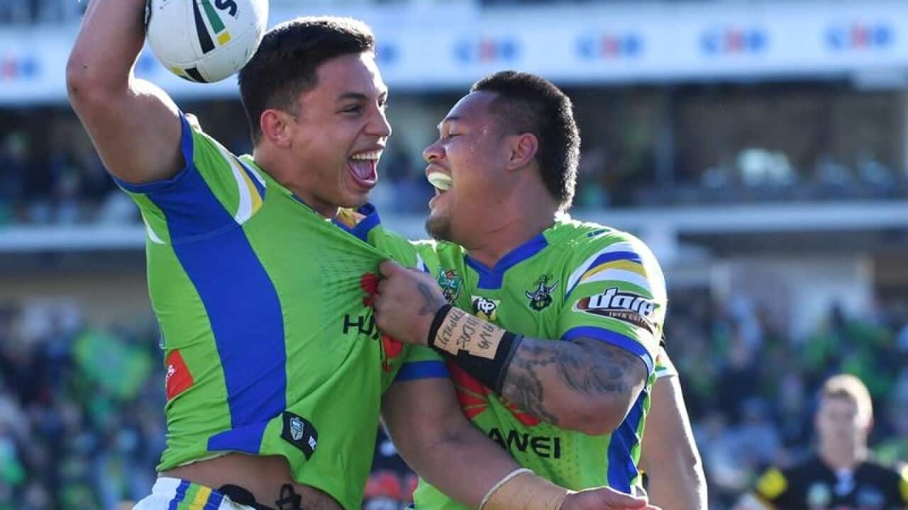 Nick Cotric of the Raiders celebrates after scoring a try in Canberra