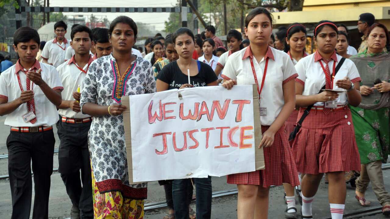 Students of Convent of Jesus and Mary School participate in a protest against the gang rape of a nun in her 70s. (AP)