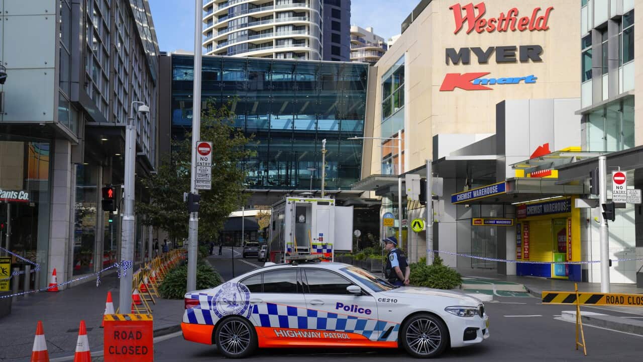 A police car parked across a road