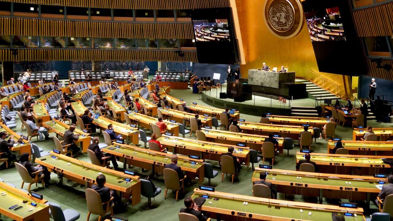 The 75th session of the UN General Assembly with delegates sitting distanced apart in the famous UNGA hall at New York Headquarters.