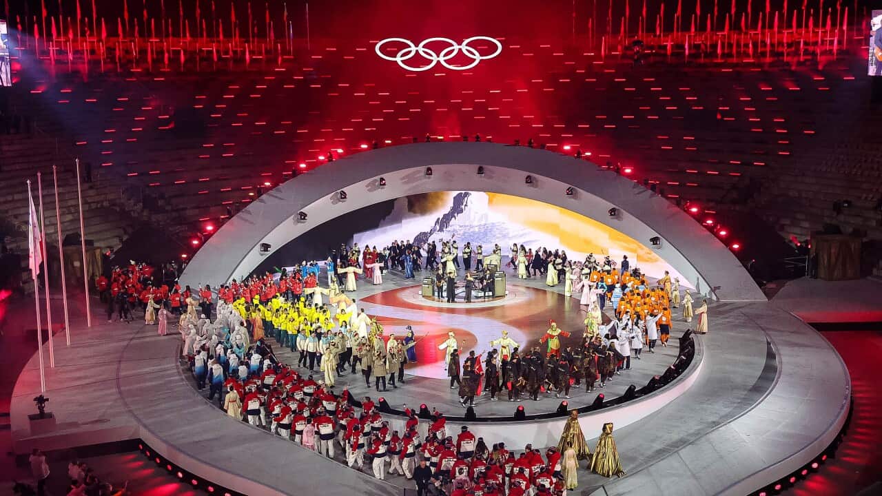 Athletes parade during the Closing Ceremony of the Olympic Winter Games Milano-Cortina 2026,on February 22, 2026 at Arena di Verona in Verona, Italy