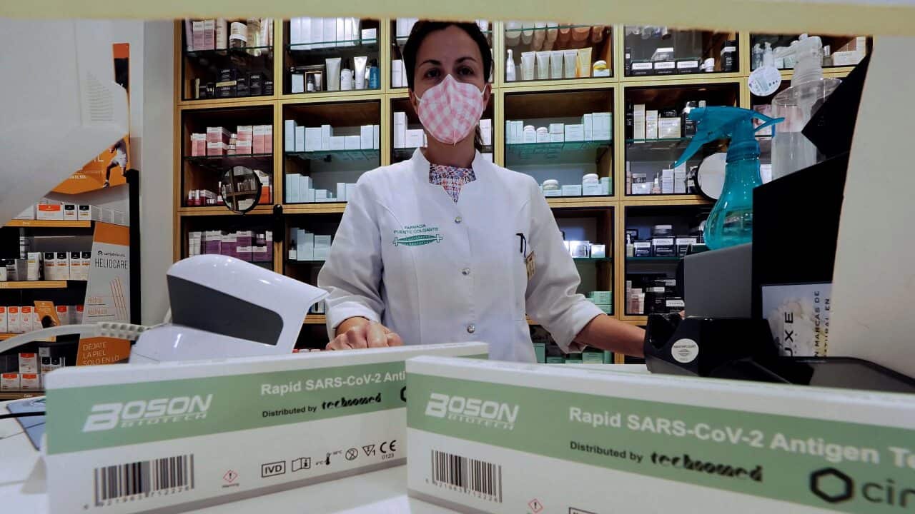 A pharmacist displays two rapid SARS-CoV-2 Antigen tests at a pharmacy in Valladolid, northern Spain.