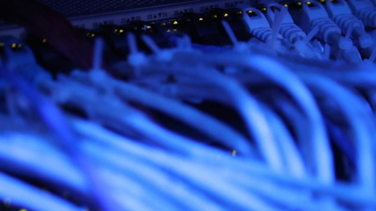 Multiple highspeed internet cables connect to a data server.