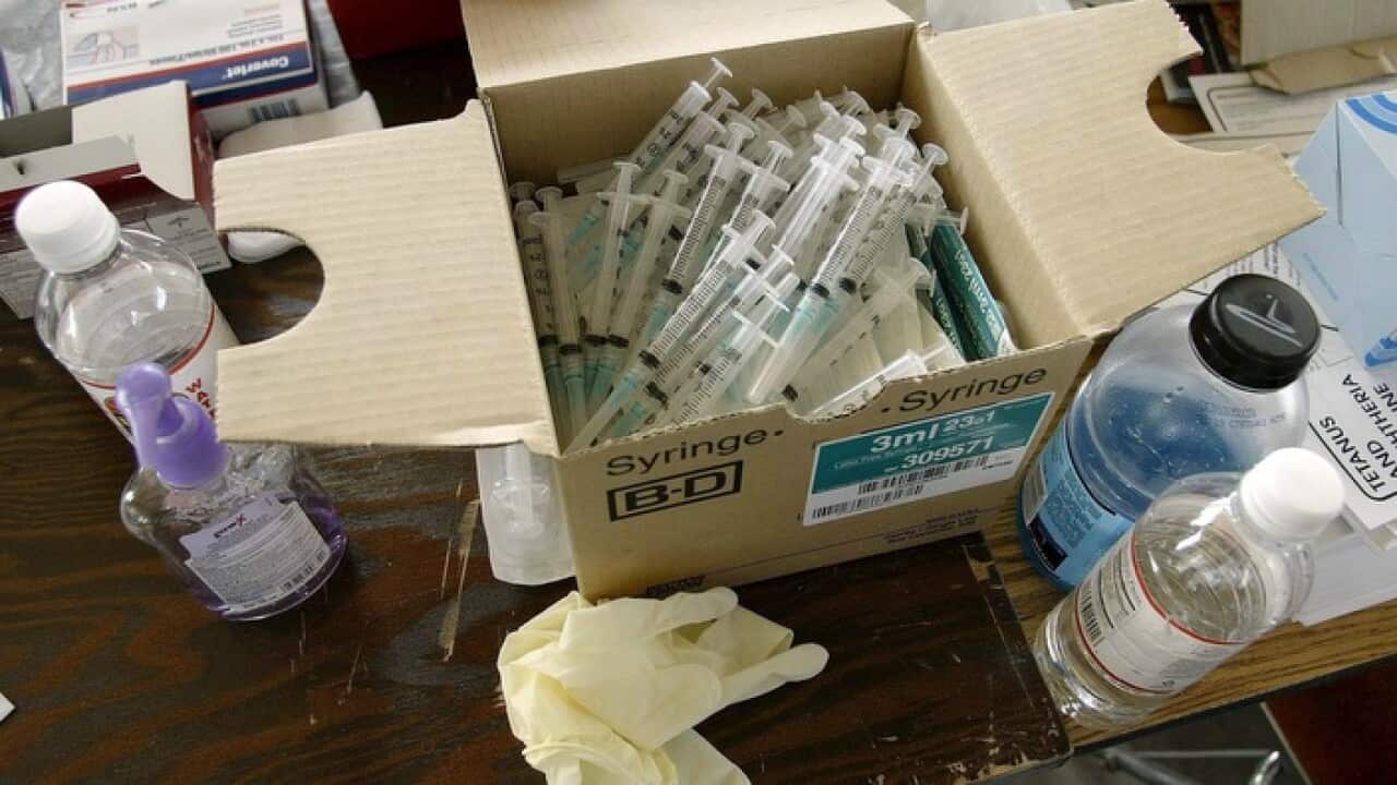 Boxes of syringes from hepatitis shots