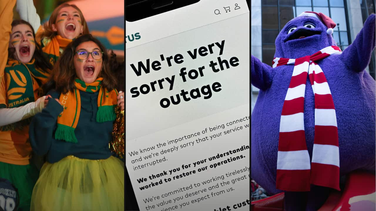 A split image. On the left are people wearing green and gold colours cheering. In the middle is a message on a phone that reads "We're sorry for the outage". On the right is the purple, blob-shaped McDonald's mascot Grimace.