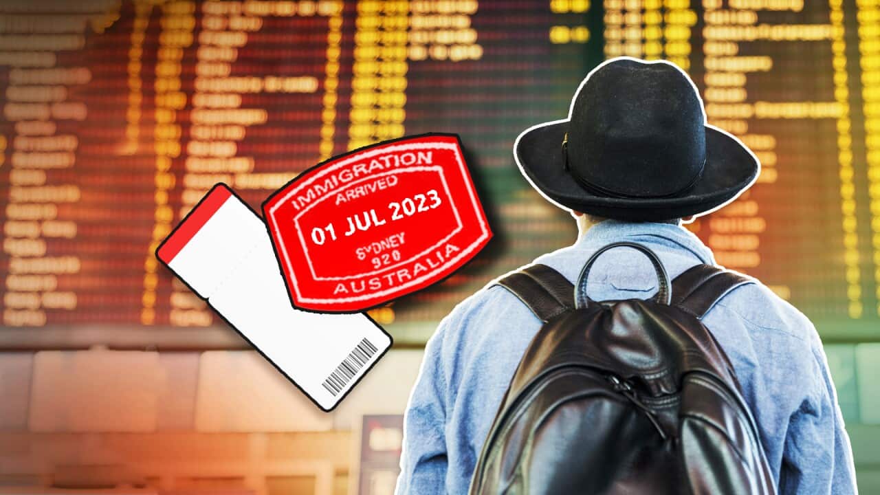 A graphic showing a person wearing a hat and backpack, and an immigration stamp.