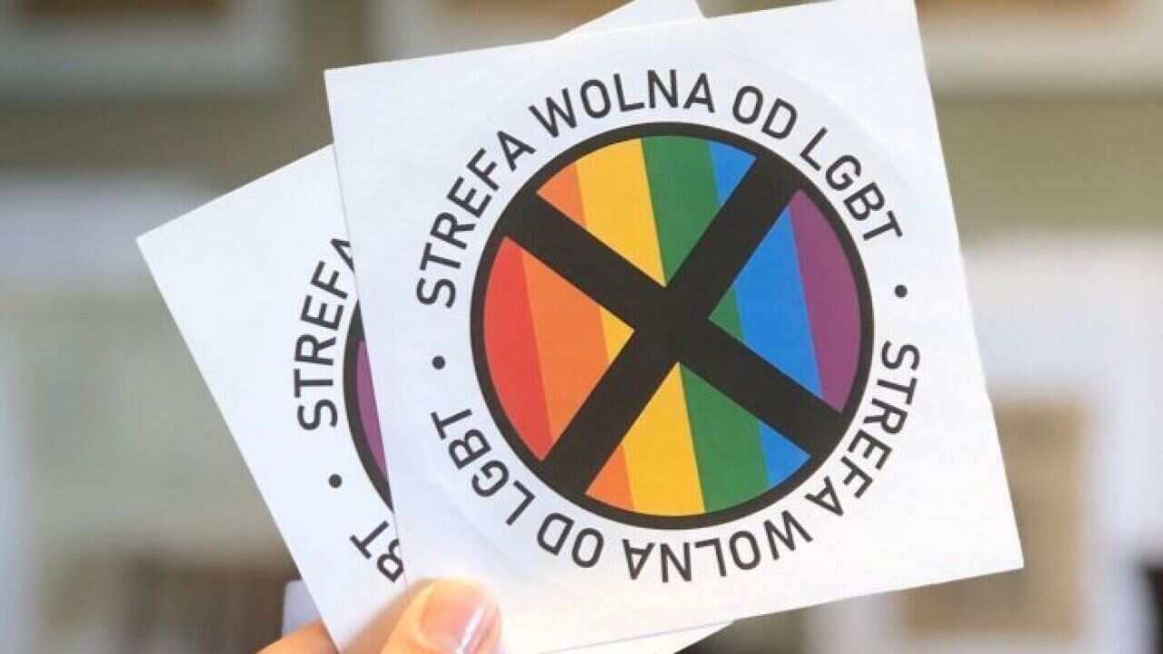 "LGBT-free zone" stickers.