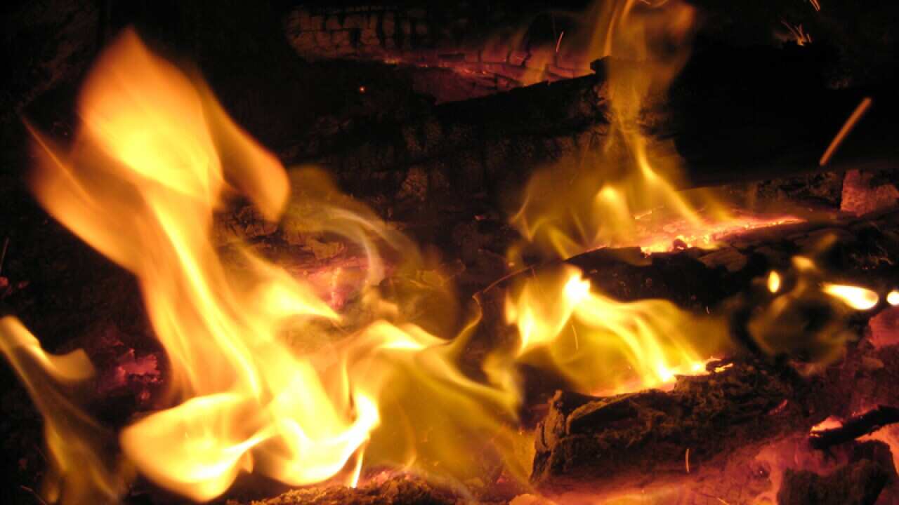 A fire burns