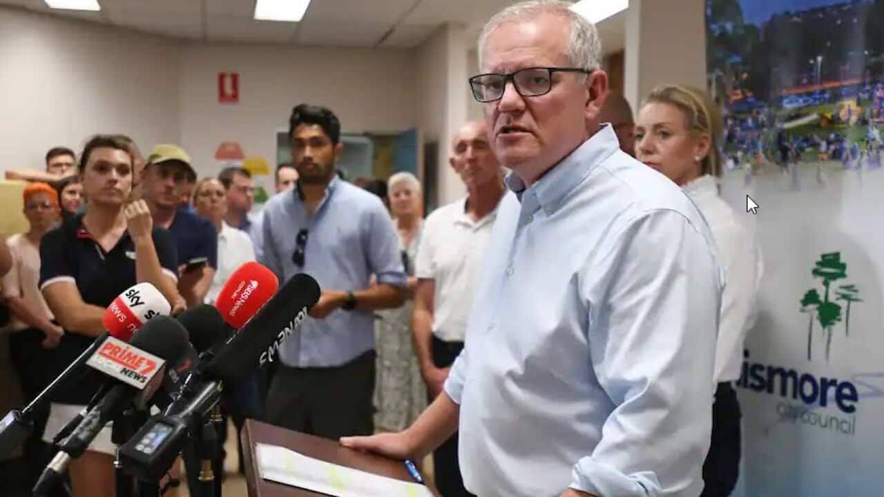 Prime Minister Scott Morrison holds a press conference following a visit to the Emergency Operations Centre in Lismore, NSW, Wednesday, 9 March, 2022.