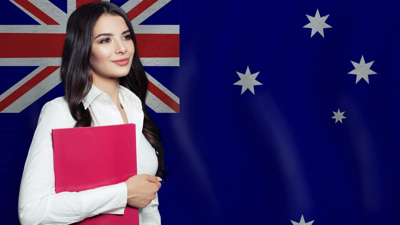 Young woman with red book. Learn or business concept