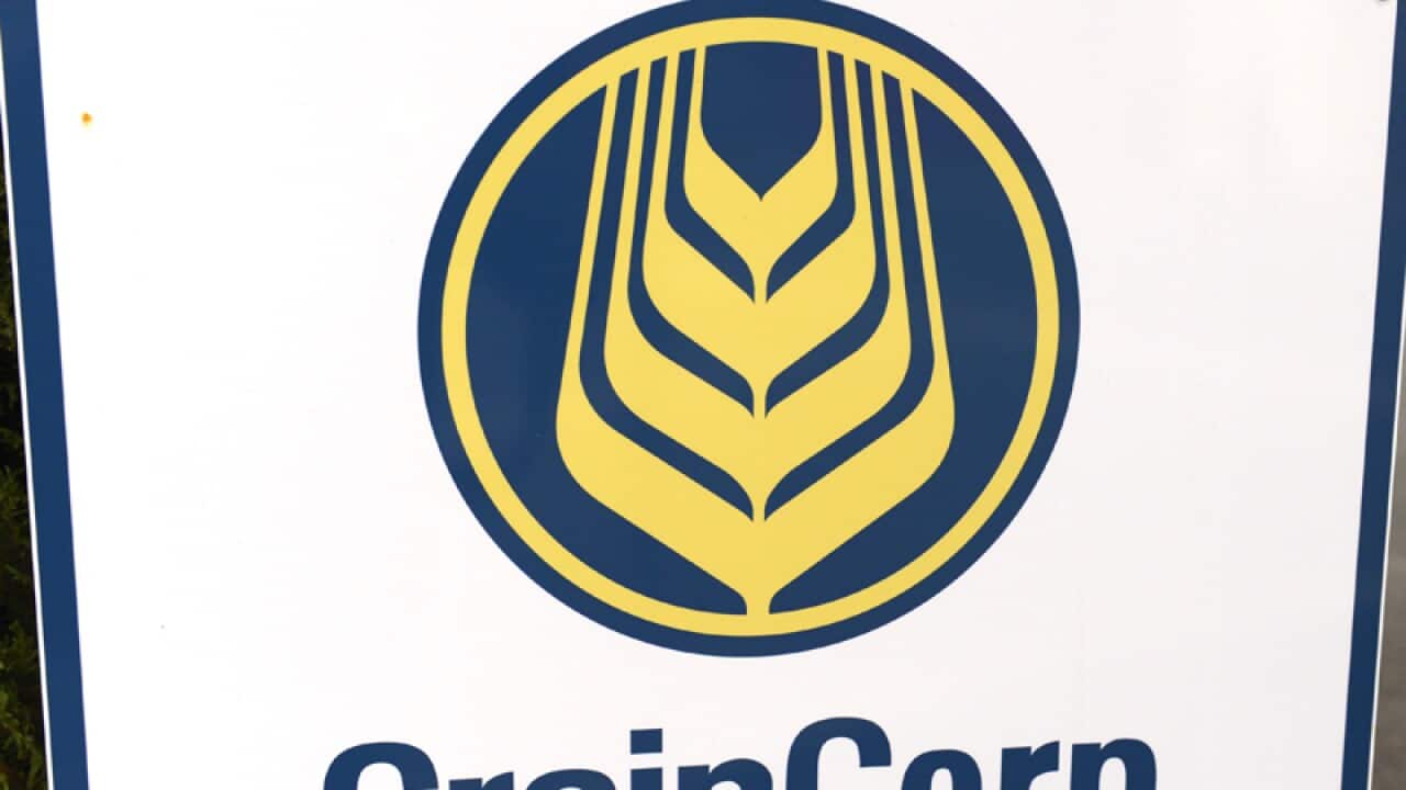 A sign bearing the GrainCorp logo