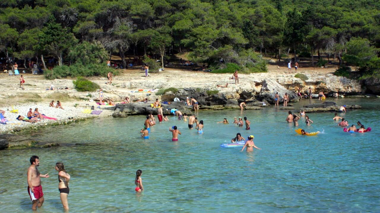 People swimming and relaxing at a rocky beach surrounded by forest.
