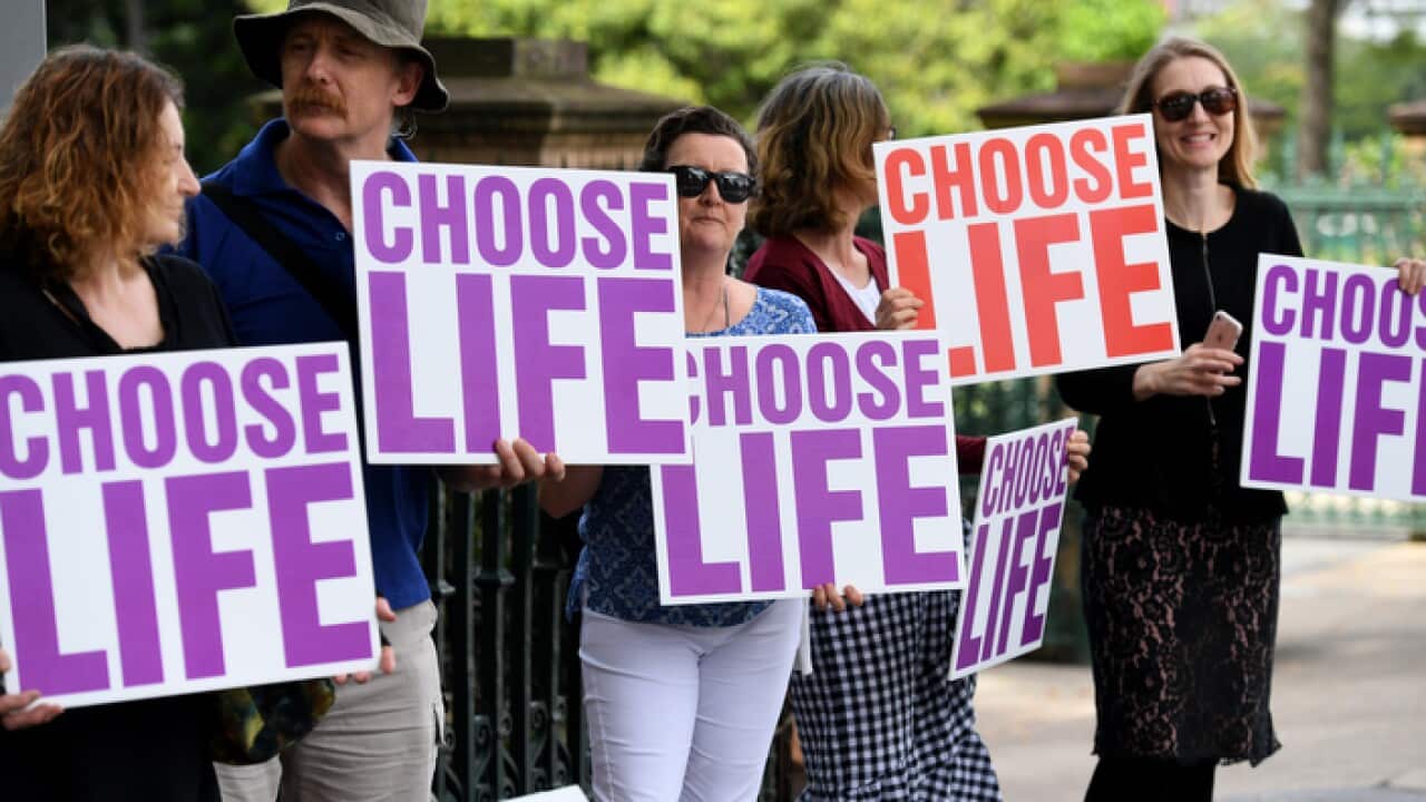Anti-abortion protesters outside Queensland Parliament House as MPs debate laws to decriminalise abortion in the state