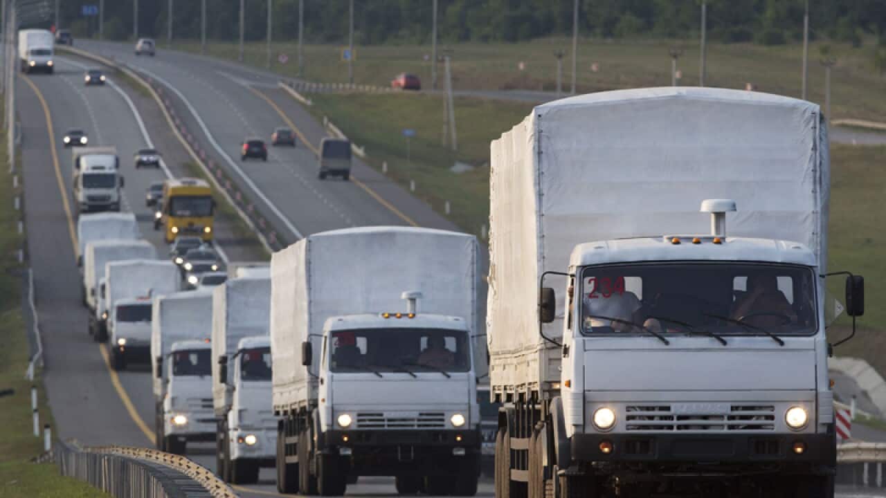 Convoy of trucks with humanitarian aid bound for Ukraine.