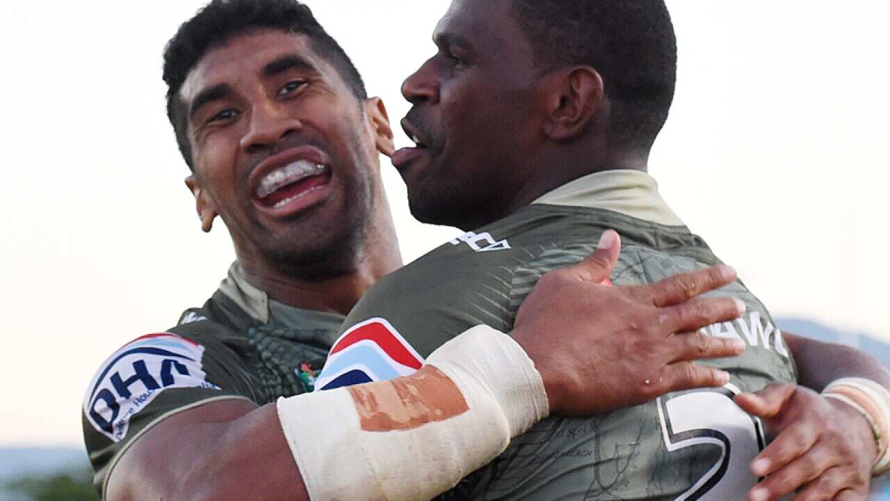 Canberra Raiders celebrate a try.