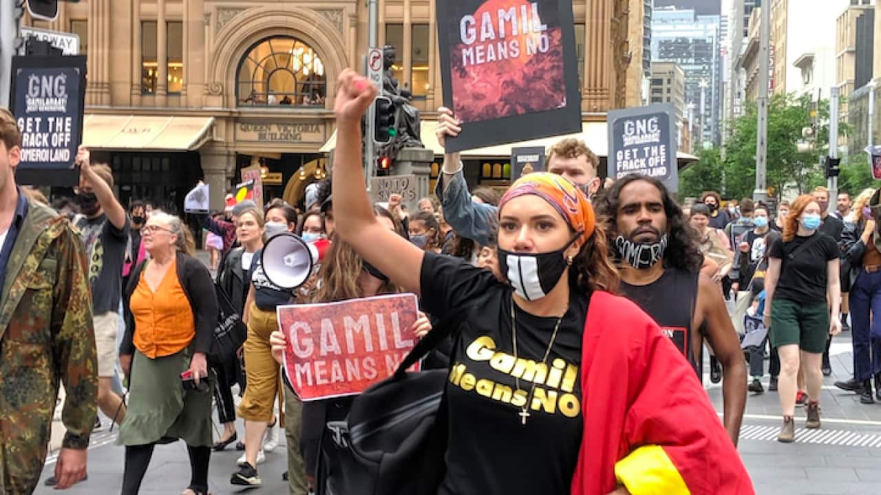 Anti-fracking activists take part in Indigenous led protests in Sydney against Santos' new Narrabri gas project