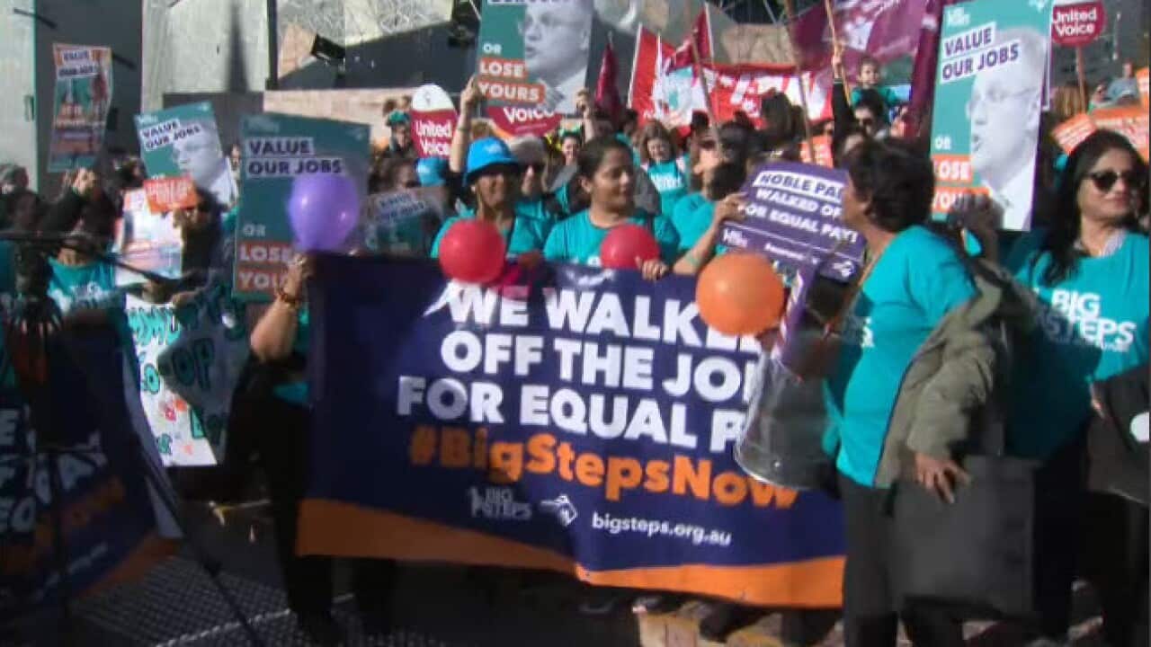 Childcare workers protesting in Melbourne.