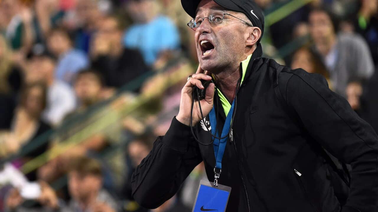 US track coach Alberto Salazar of Britain's Mo Farah reacts during the men's 10,000m race during the Prefontaine Classic Diamond League meeting at Hayward Field in Eugene, Oregon, USA, 29 May 2015.  EPA/STEVE DYKES